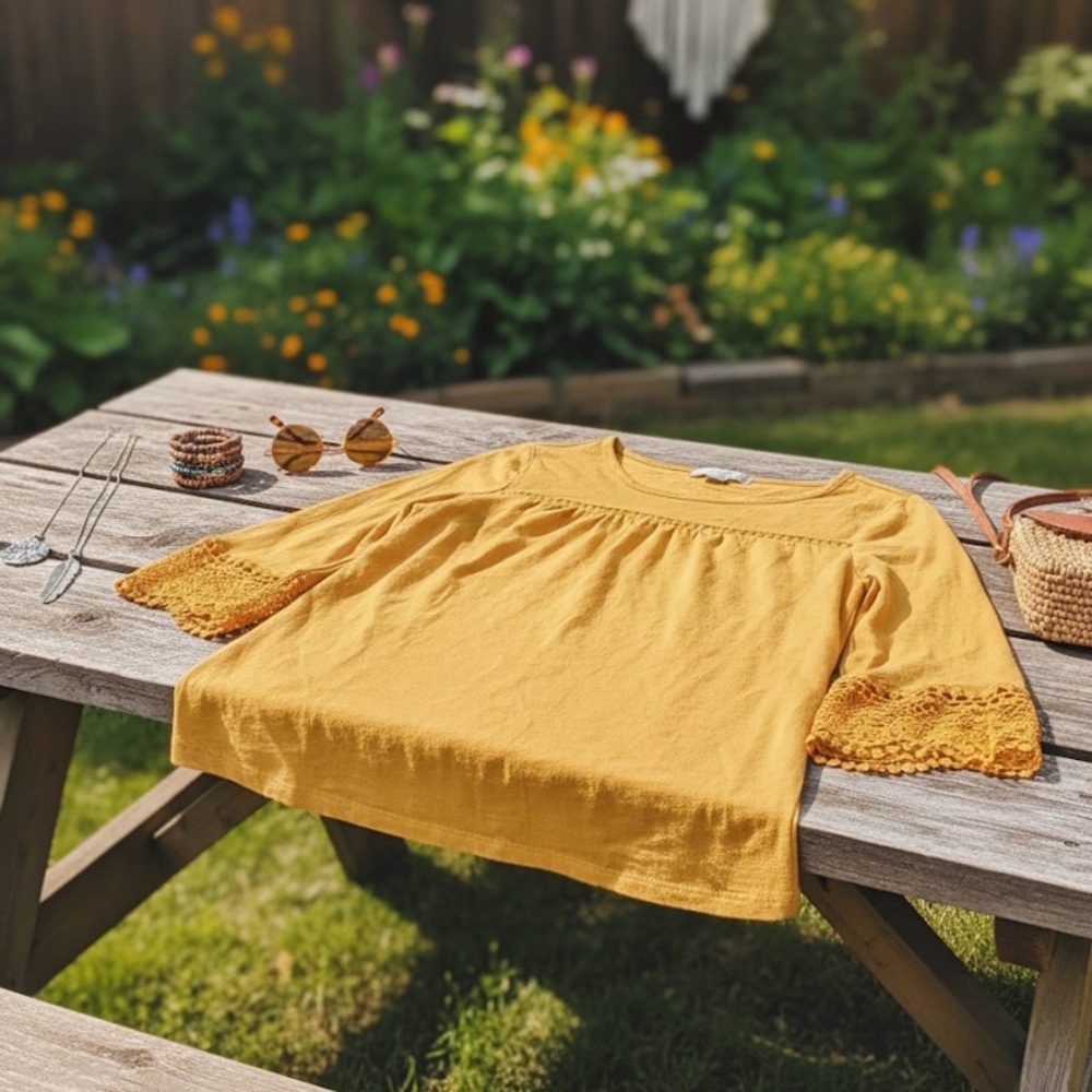 Carolyn Taylor Golden Yellow Crochet Lace Peasant Top 3/4 Bell Sleeve - Size L